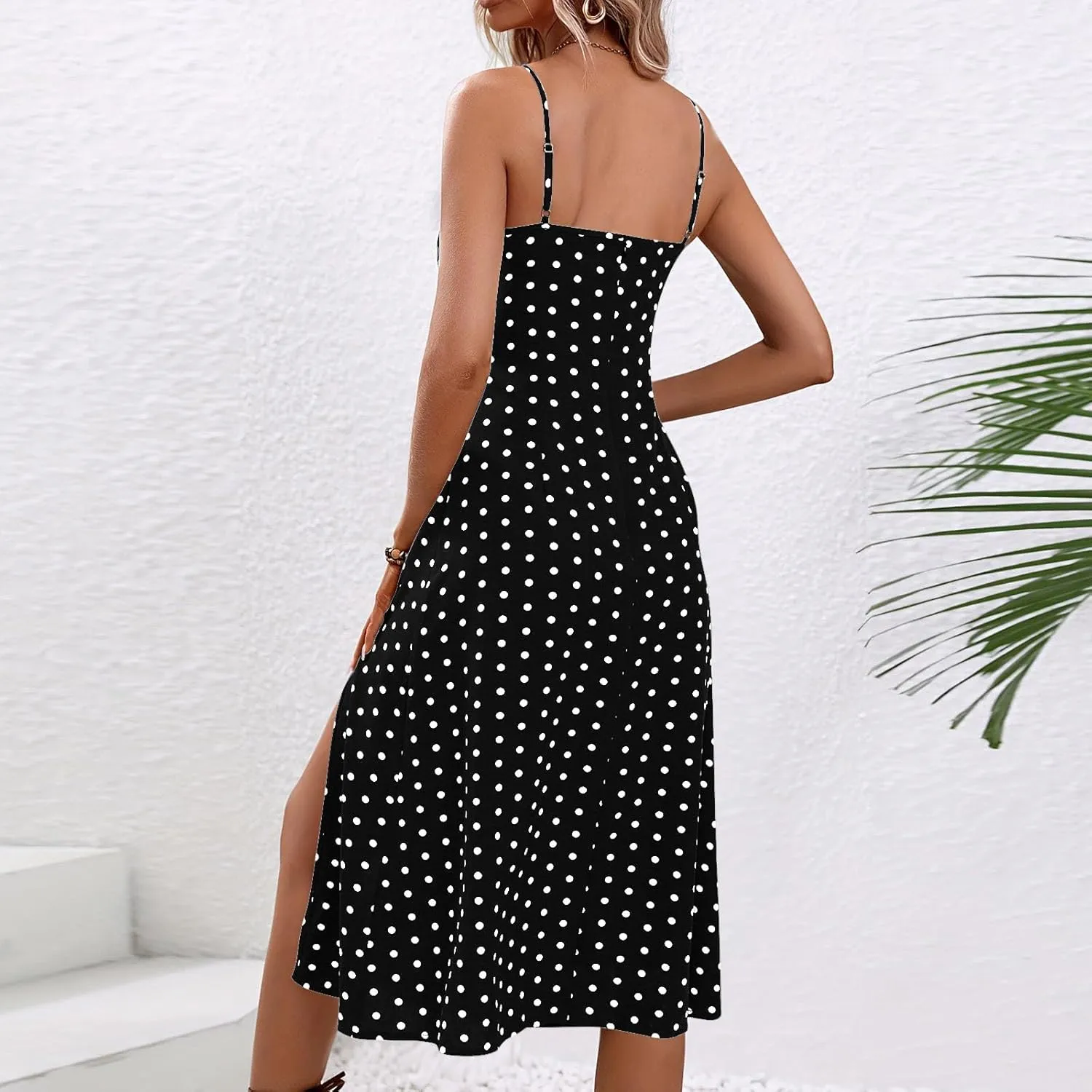 Boho Dresses for Women 2024 Milkmaid Sundress Spaghetti Strap Polka Dot Print Split Side Midi Dress Summer Beach Dress