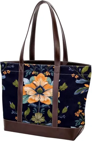 Boho Floral-34 Tote Bags Durable Leather Canvas Purses and Handbags for Women Top Handle Shoulder Satchel Hobo Bags