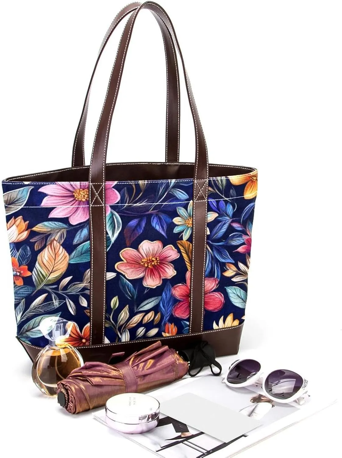 Boho Floral-34 Tote Bags Durable Leather Canvas Purses and Handbags for Women Top Handle Shoulder Satchel Hobo Bags