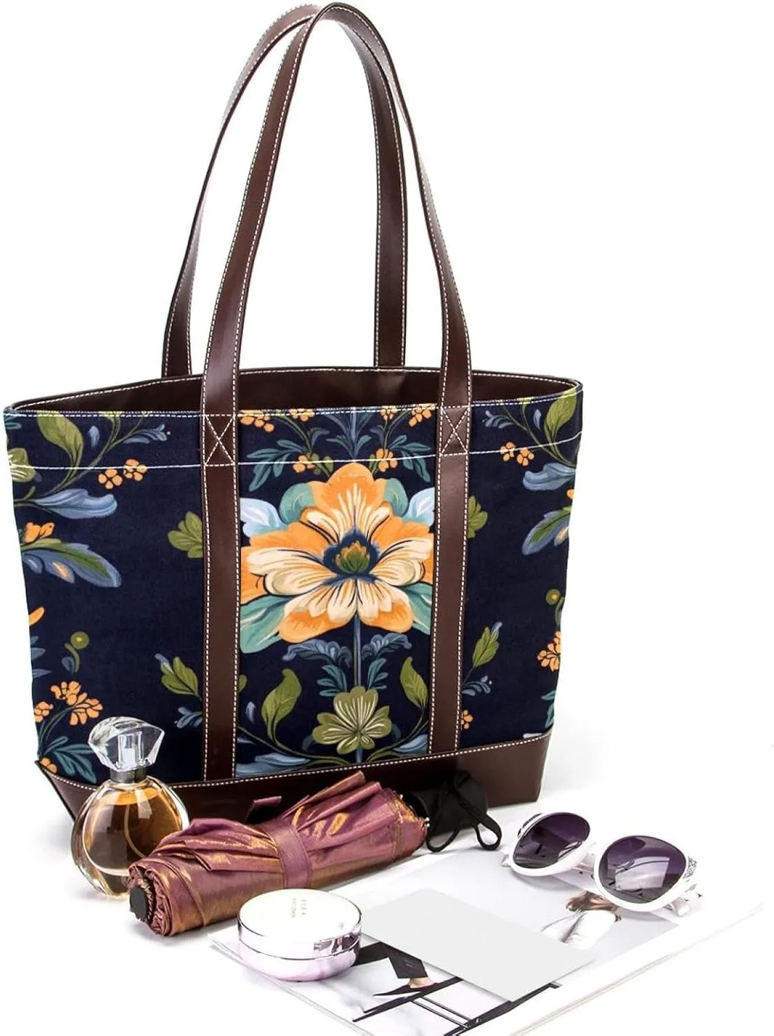 Boho Floral-34 Tote Bags Durable Leather Canvas Purses and Handbags for Women Top Handle Shoulder Satchel Hobo Bags
