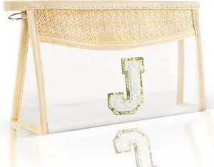 Boho Straw Clear Makeup Bag Small Initial Cosmetic Bags Personalized Chenille Letter Patch Beach Bag Zipper Makeup Organizer Pouch Travel Essentials Waterproof Toiletry Bag for Women Girls J