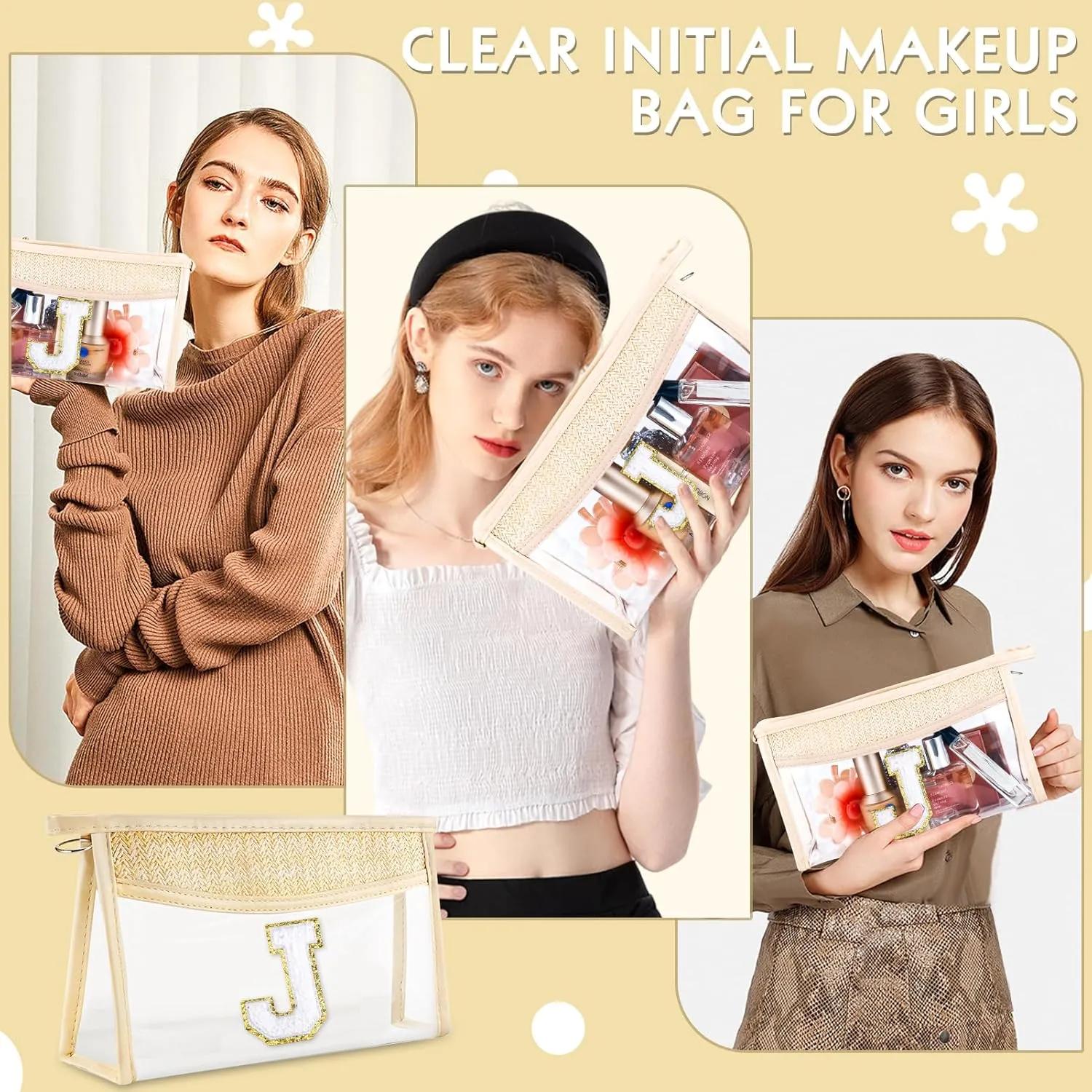 Boho Straw Clear Makeup Bag Small Initial Cosmetic Bags Personalized Chenille Letter Patch Beach Bag Zipper Makeup Organizer Pouch Travel Essentials Waterproof Toiletry Bag for Women Girls J