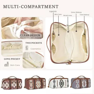 Boho Western Style Makeup Bag, PU Casual Colorblock Makeup Organizer Pouch, Boho Style Cosmetic Bag for Women, Portable Large Capacity Travel Organizer Bags for Women (White)