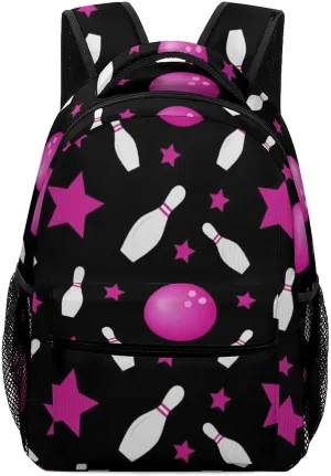 Bowling Fun Bright Pattern Backpack Pink Stars And Balls Casual Daypack with Chest Strap,Lightweight Computer Bags for Women Men Hiking Travel Work and Business 16 Inch
