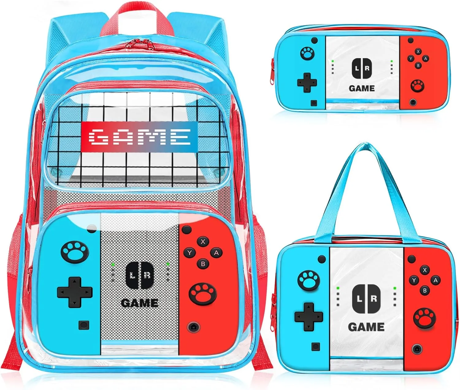 Boys Clear Backpack for School - Gamer Kids Clear Backpacks for Boys,3PCS Heavy Duty Transparent Bookbag and Lunch Box Set - See Through PVC Transparent Bookbag with Multiple Pockets