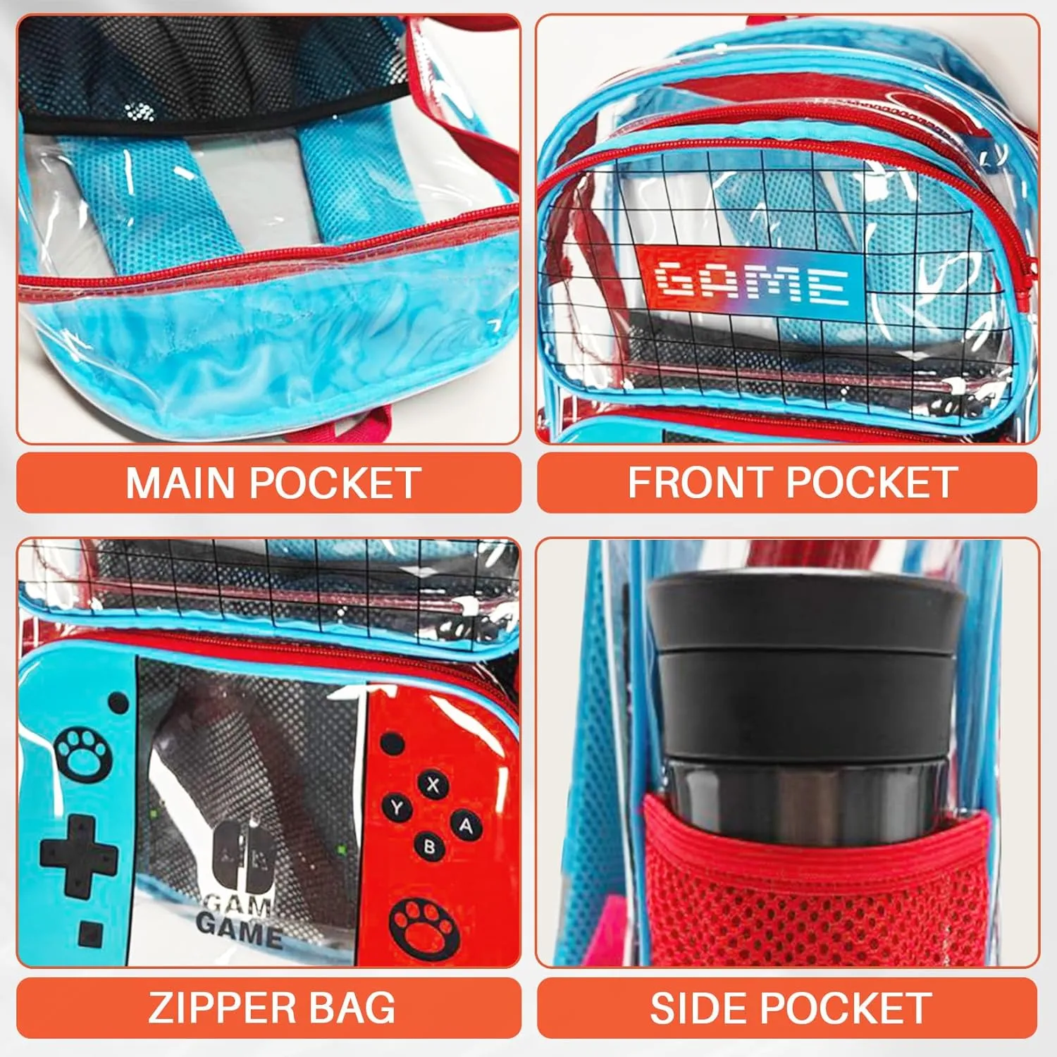 Boys Clear Backpack for School - Gamer Kids Clear Backpacks for Boys,3PCS Heavy Duty Transparent Bookbag and Lunch Box Set - See Through PVC Transparent Bookbag with Multiple Pockets