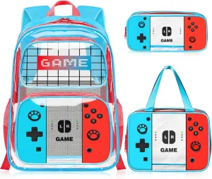 Boys Clear Backpack for School - Gamer Kids Clear Backpacks for Boys,3PCS Heavy Duty Transparent Bookbag and Lunch Box Set - See Through PVC Transparent Bookbag with Multiple Pockets