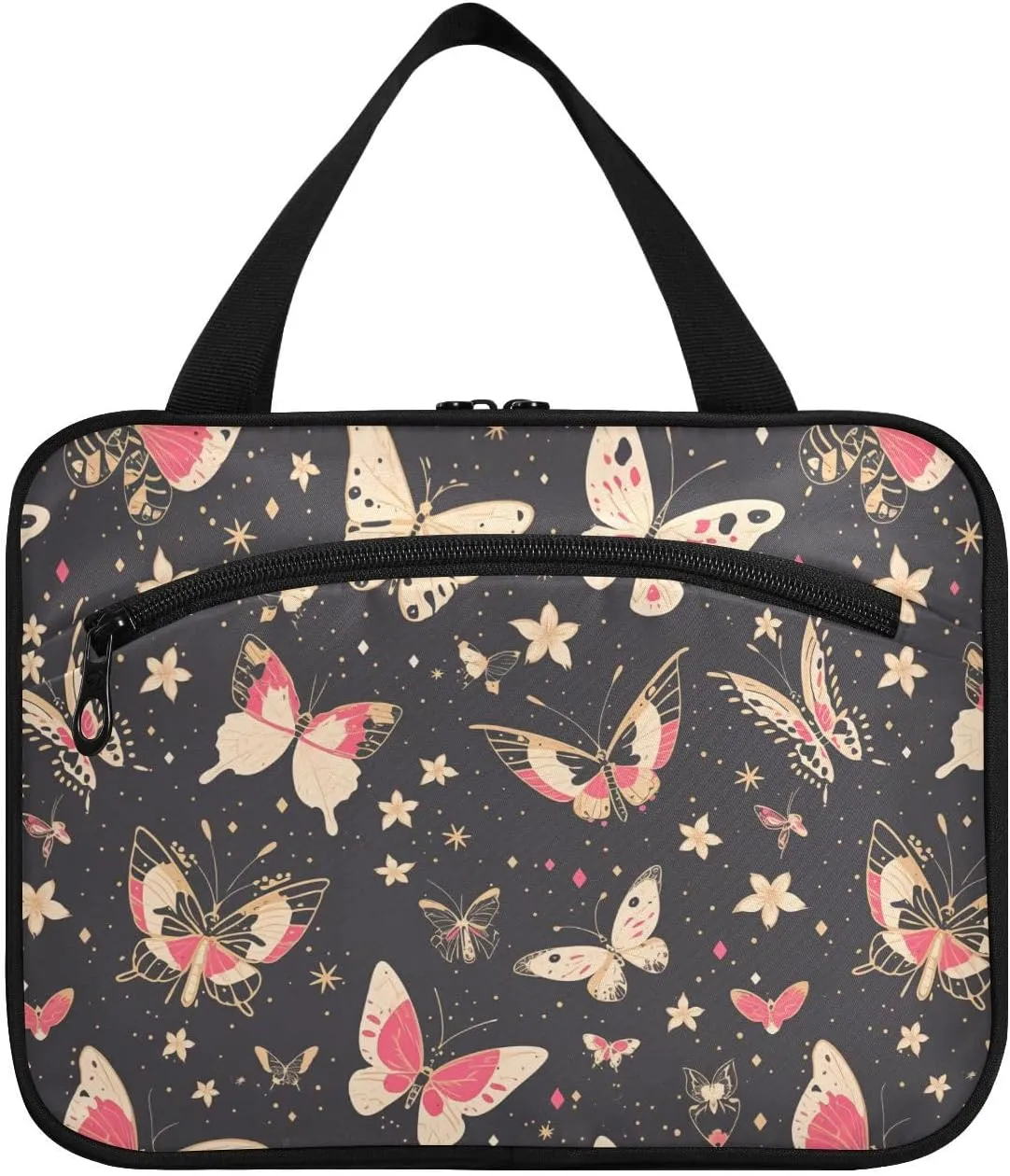 Butterflies Black Pink hanging toiletry bag men with hook, designer essentials shaving kit bags for men for travel essentials for women work bolso de mano para hombre