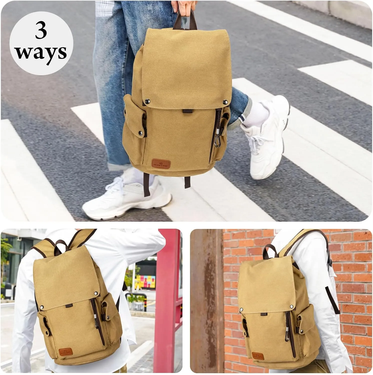 Canvas Backpack, Vintage Backpack for Men and Women, 22L Backpacks for Travel Rucksack Fits 15 Inch Laptop (Khaki)