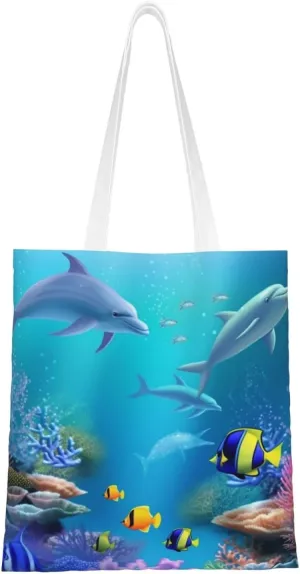 Canvas Tote Bag Aesthetic for Women Blue Ocean Underwater Fish Shopping Bags Large Tote Shoulder Bag Reusable Grocery Bags Hobo Bags Casual Handbags Cute Cloth Bags Birthday Gifts
