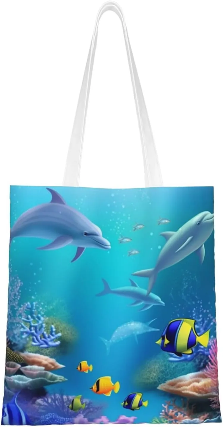 Canvas Tote Bag Aesthetic for Women Blue Ocean Underwater Fish Shopping Bags Large Tote Shoulder Bag Reusable Grocery Bags Hobo Bags Casual Handbags Cute Cloth Bags Birthday Gifts