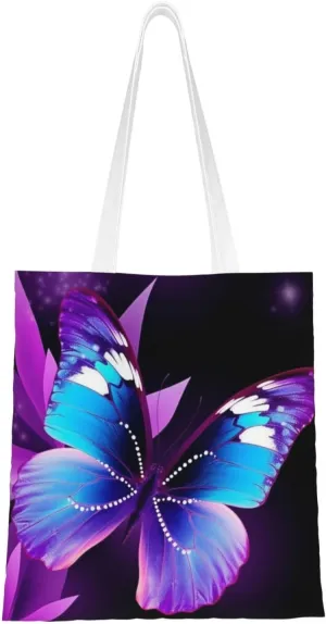 Canvas Tote Bag Aesthetic for Women Blue Purple Butterfly Shopping Bags Large Tote Shoulder Bag Reusable Grocery Bags Hobo Bags Casual Handbags Cute Cloth Bags Birthday Gifts