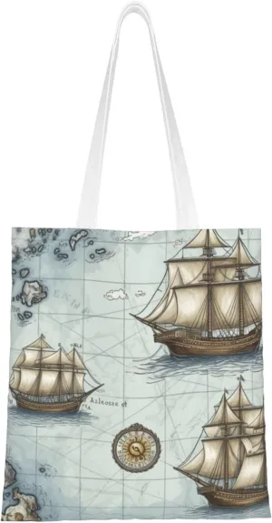 Canvas Tote Bag Aesthetic for Women boat Map Shopping Bags Large Tote Shoulder Bag Reusable Grocery Bags Hobo Bags Casual Handbags Cute Cloth Bags Birthday Gifts