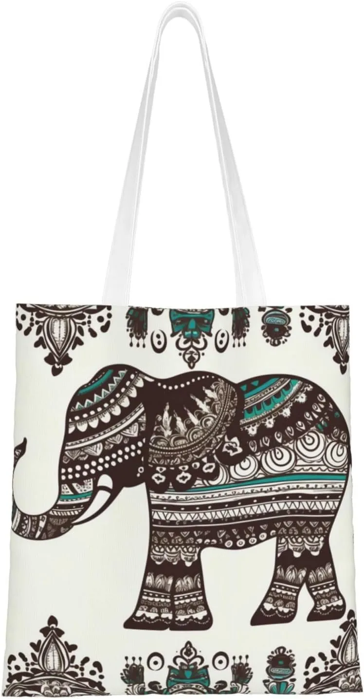 Canvas Tote Bag Aesthetic for Women Bohemian Elephant Pattern Shopping Bags Large Tote Shoulder Bag Reusable Grocery Bags Hobo Bags Casual Handbags Cute Cloth Bags Birthday Gifts