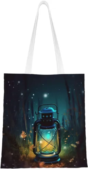 Canvas Tote Bag Aesthetic for Women Fireflies and Lantern Shopping Bags Large Tote Shoulder Bag Reusable Grocery Bags Hobo Bags Casual Handbags Cute Cloth Bags Birthday Gifts