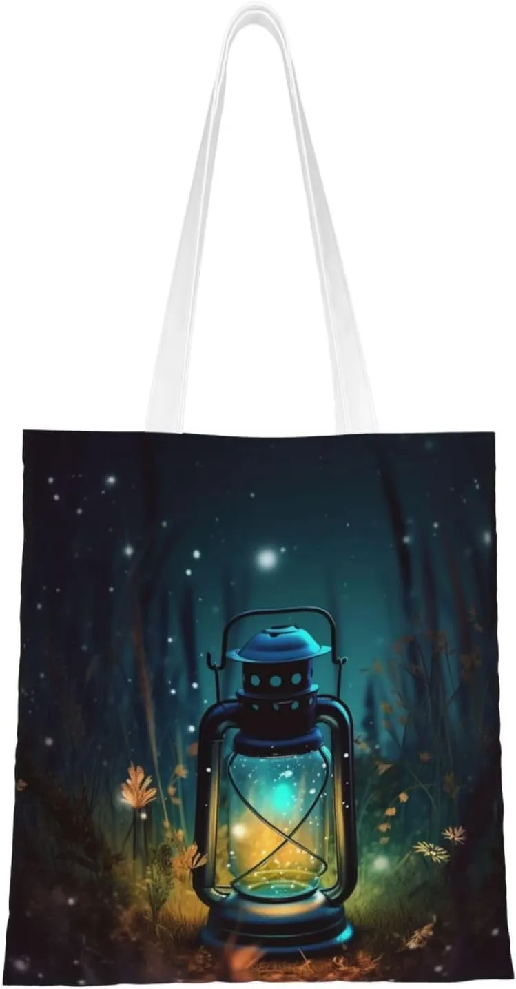 Canvas Tote Bag Aesthetic for Women Fireflies and Lantern Shopping Bags Large Tote Shoulder Bag Reusable Grocery Bags Hobo Bags Casual Handbags Cute Cloth Bags Birthday Gifts