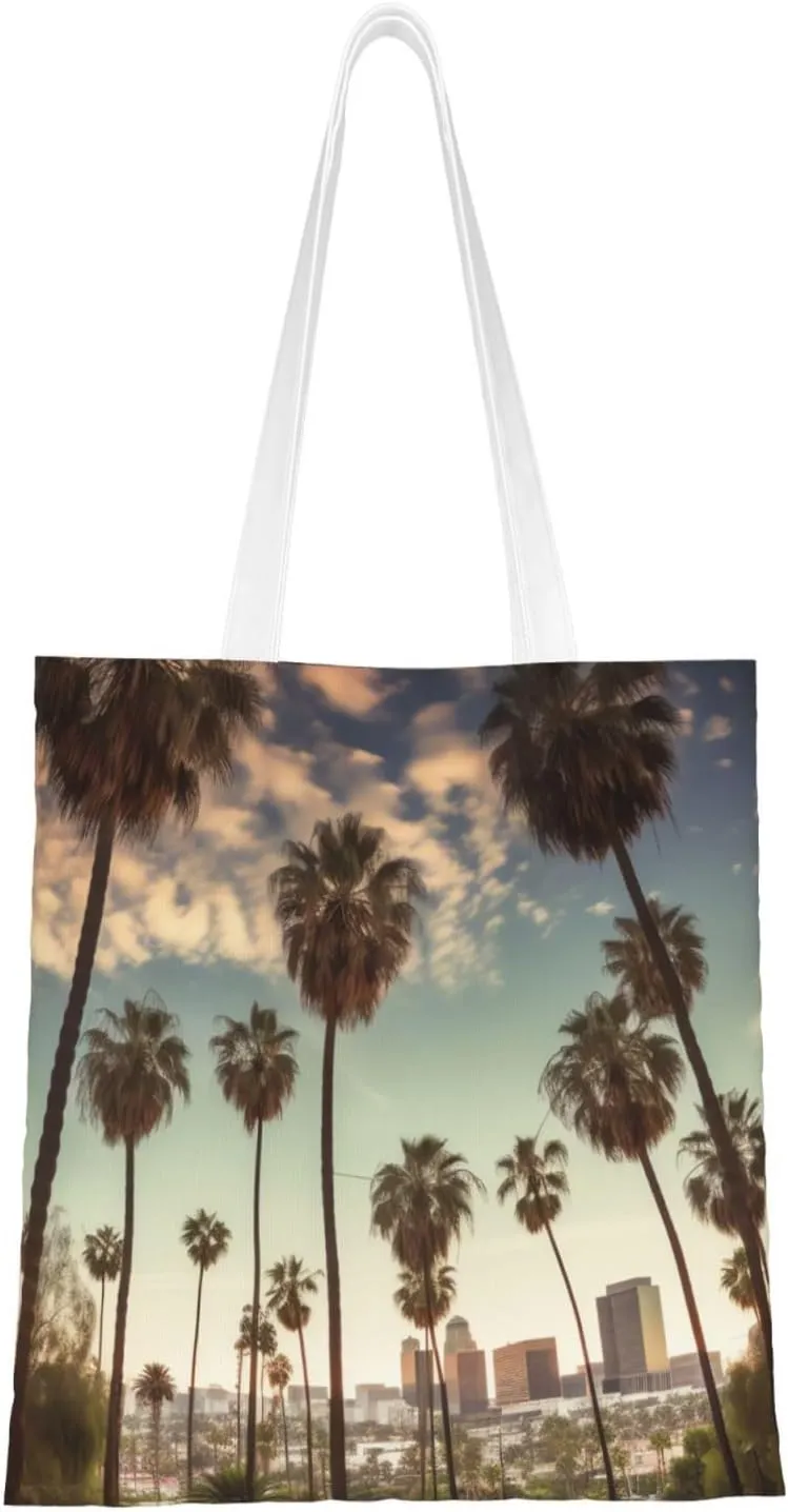 Canvas Tote Bag Aesthetic for Women Los Angeles Palm Trees Shopping Bags Large Tote Shoulder Bag Reusable Grocery Bags Hobo Bags Casual Handbags Cute Cloth Bags Birthday Gifts