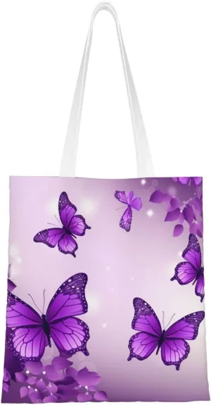Canvas Tote Bag Aesthetic for Women Purple Butterflies Shopping Bags Large Tote Shoulder Bag Reusable Grocery Bags Hobo Bags Casual Handbags Cute Cloth Bags Birthday Gifts