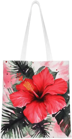 Canvas Tote Bag Aesthetic for Women Red Hibiscus Shopping Bags Large Tote Shoulder Bag Reusable Grocery Bags Hobo Bags Casual Handbags Cute Cloth Bags Birthday Gifts
