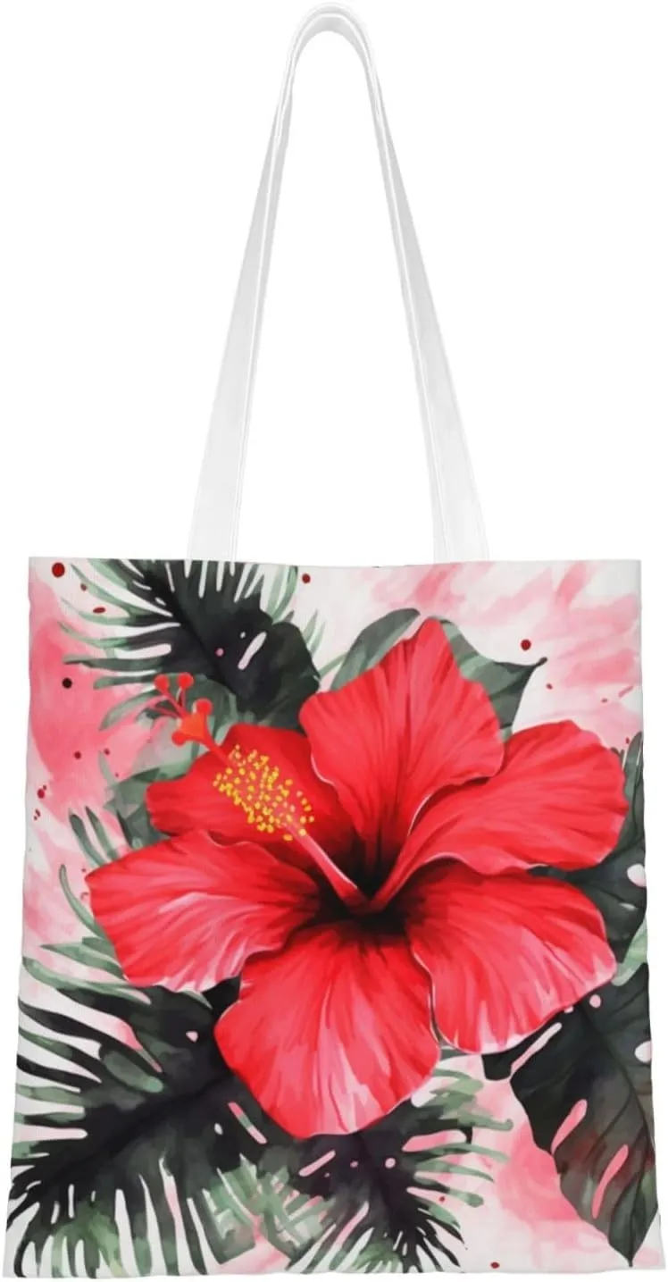 Canvas Tote Bag Aesthetic for Women Red Hibiscus Shopping Bags Large Tote Shoulder Bag Reusable Grocery Bags Hobo Bags Casual Handbags Cute Cloth Bags Birthday Gifts