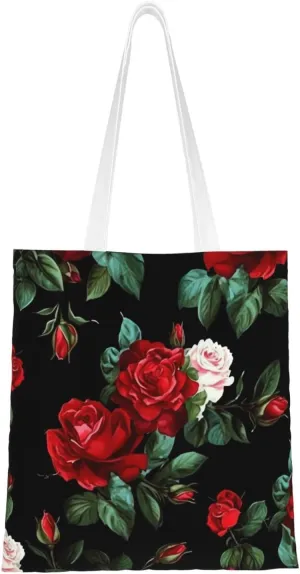 Canvas Tote Bag Aesthetic for Women Rose Gift Shopping Bags Large Tote Shoulder Bag Reusable Grocery Bags Hobo Bags Casual Handbags Cute Cloth Bags Birthday Gifts