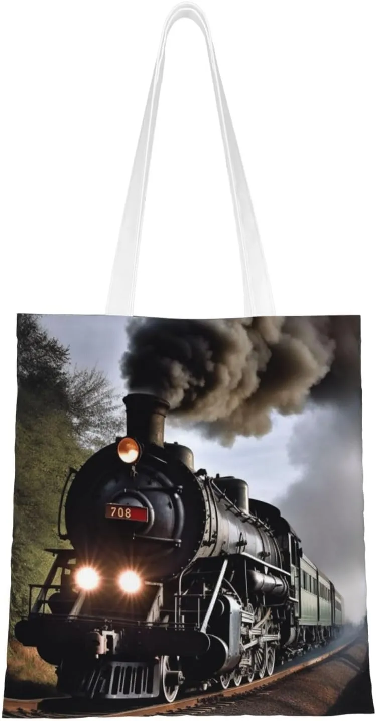 Canvas Tote Bag Aesthetic for Women Steam Train Shopping Bags Large Tote Shoulder Bag Reusable Grocery Bags Hobo Bags Casual Handbags Cute Cloth Bags Birthday Gifts