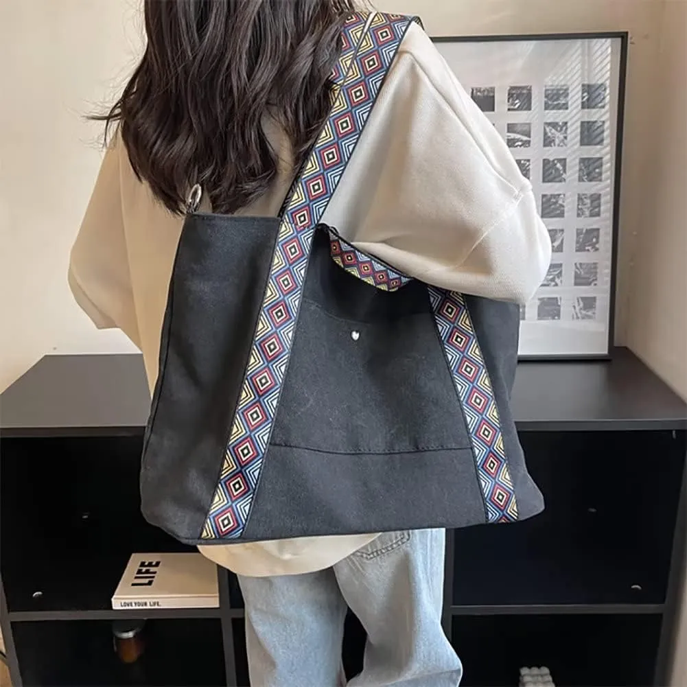 Canvas Tote Bag for Women Shoulder Bag Top Handle Satchel Handbag Boho Bag Vintage Crossbody Purse with Guitar Strap