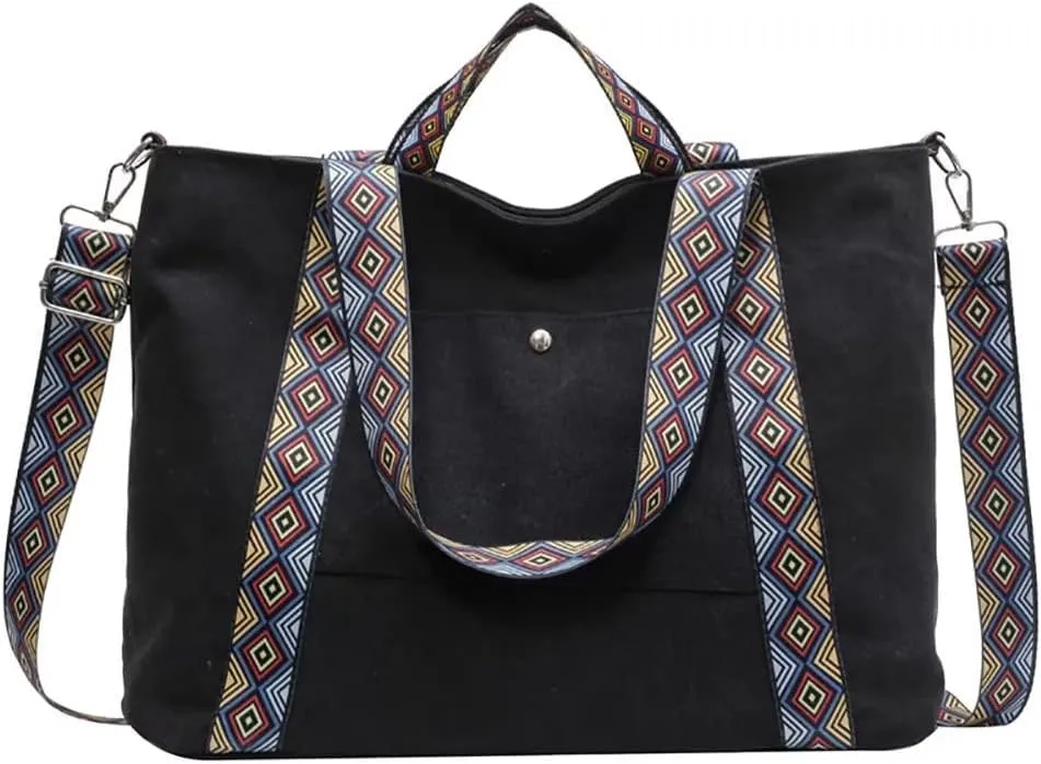 Canvas Tote Bag for Women Shoulder Bag Top Handle Satchel Handbag Boho Bag Vintage Crossbody Purse with Guitar Strap