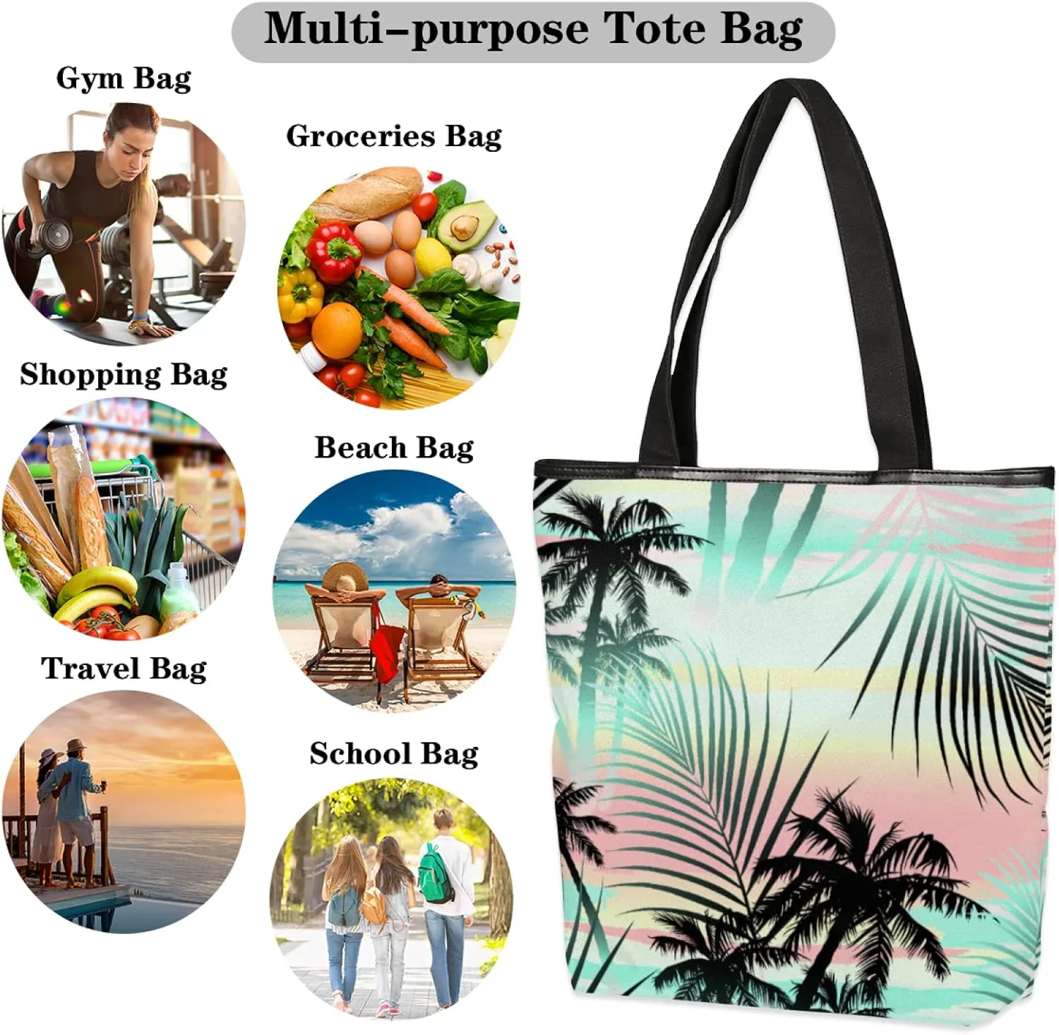 Canvas Tote Bag Large Women Casual Reusable Shoulder Bag Handbag with Zipper Casual Tote Shopping Travel Beach Cloth Bag