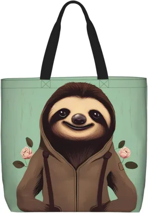Cartoon Sloth Women's Casual Tote Bags, Reusable Tote Shoulder Bags, Multi-Function Large Capacity Shopping Bags
