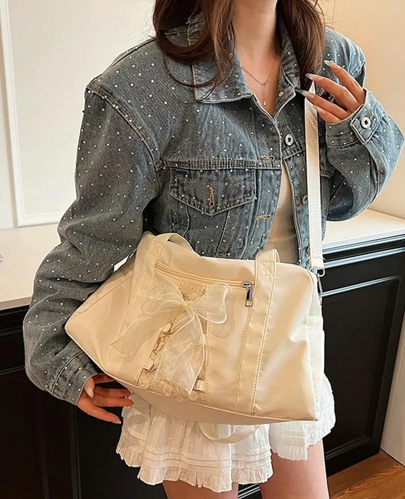 Casual Shoulder Bags for Women Cute Bowknot Hobo Bag Canvas Tote Bags Large Handbag Purse
