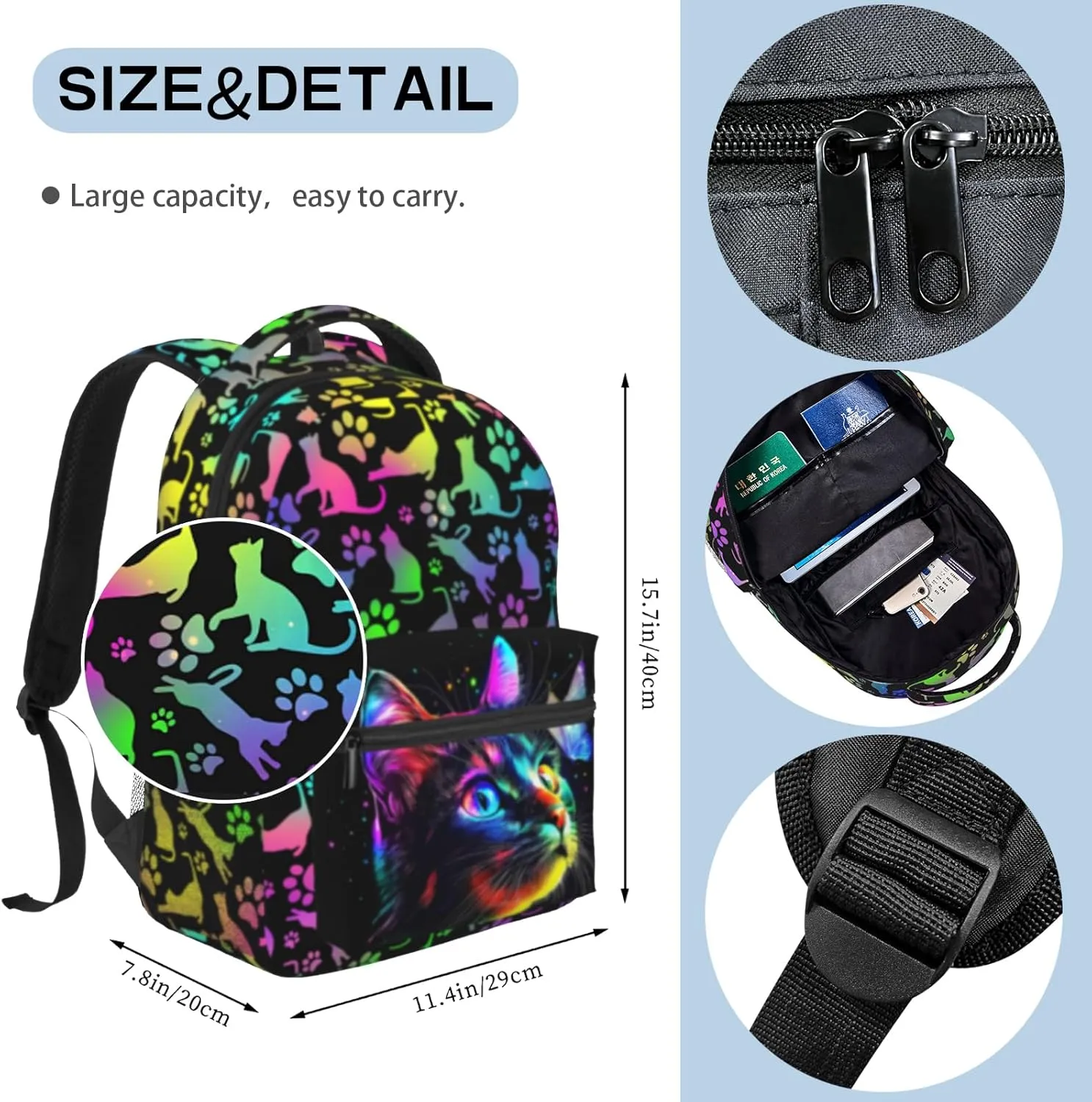 Cat Backpack for Girls Boys Fashion Colorful Animal Theme Student Schoolbag with Waterproof Zippered Pocket Cute Cat Bookbag for Kids Woman Travel Hiking Everyday Use