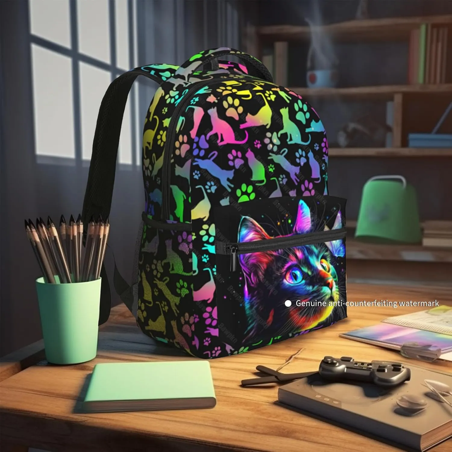 Cat Backpack for Girls Boys Fashion Colorful Animal Theme Student Schoolbag with Waterproof Zippered Pocket Cute Cat Bookbag for Kids Woman Travel Hiking Everyday Use
