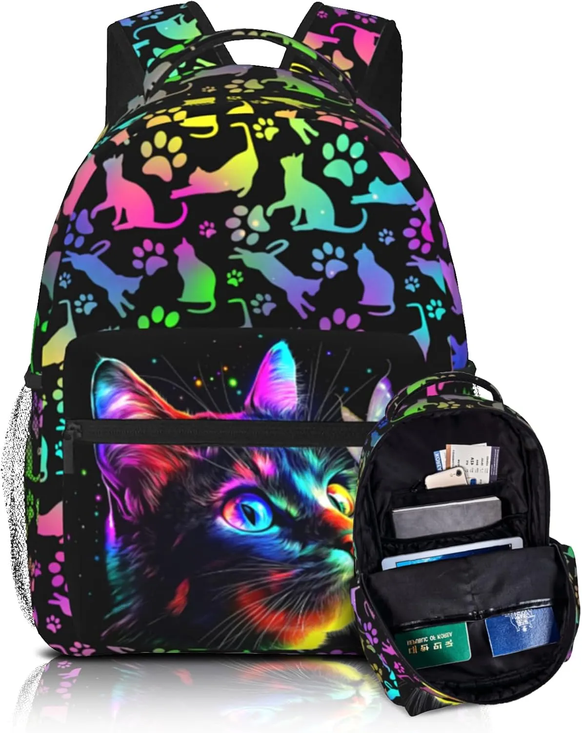Cat Backpack for Girls Boys Fashion Colorful Animal Theme Student Schoolbag with Waterproof Zippered Pocket Cute Cat Bookbag for Kids Woman Travel Hiking Everyday Use