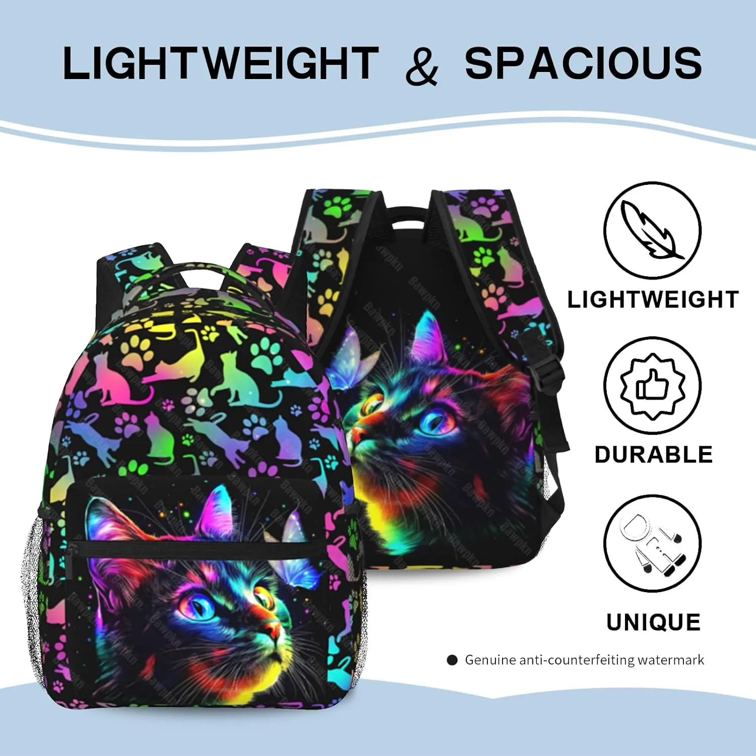 Cat Backpack for Girls Boys Fashion Colorful Animal Theme Student Schoolbag with Waterproof Zippered Pocket Cute Cat Bookbag for Kids Woman Travel Hiking Everyday Use
