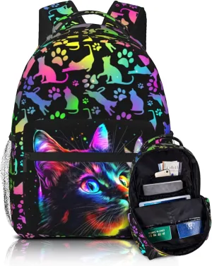 Cat Backpack for Girls Boys Fashion Colorful Animal Theme Student Schoolbag with Waterproof Zippered Pocket Cute Cat Bookbag for Kids Woman Travel Hiking Everyday Use