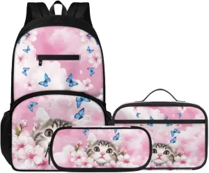 Cat Butterfly Print Backpack With Lunch Box And Pencil Case For Girls And Boys, 17 In Pressure Relief Backpacks For Kids For School, Trips And Camping Pink Back to School Season Gifts