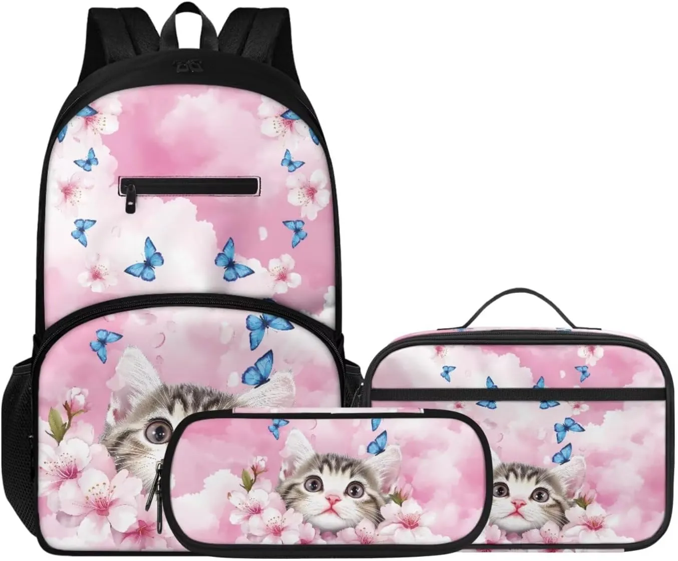 Cat Butterfly Print Backpack With Lunch Box And Pencil Case For Girls And Boys, 17 In Pressure Relief Backpacks For Kids For School, Trips And Camping Pink Back to School Season Gifts