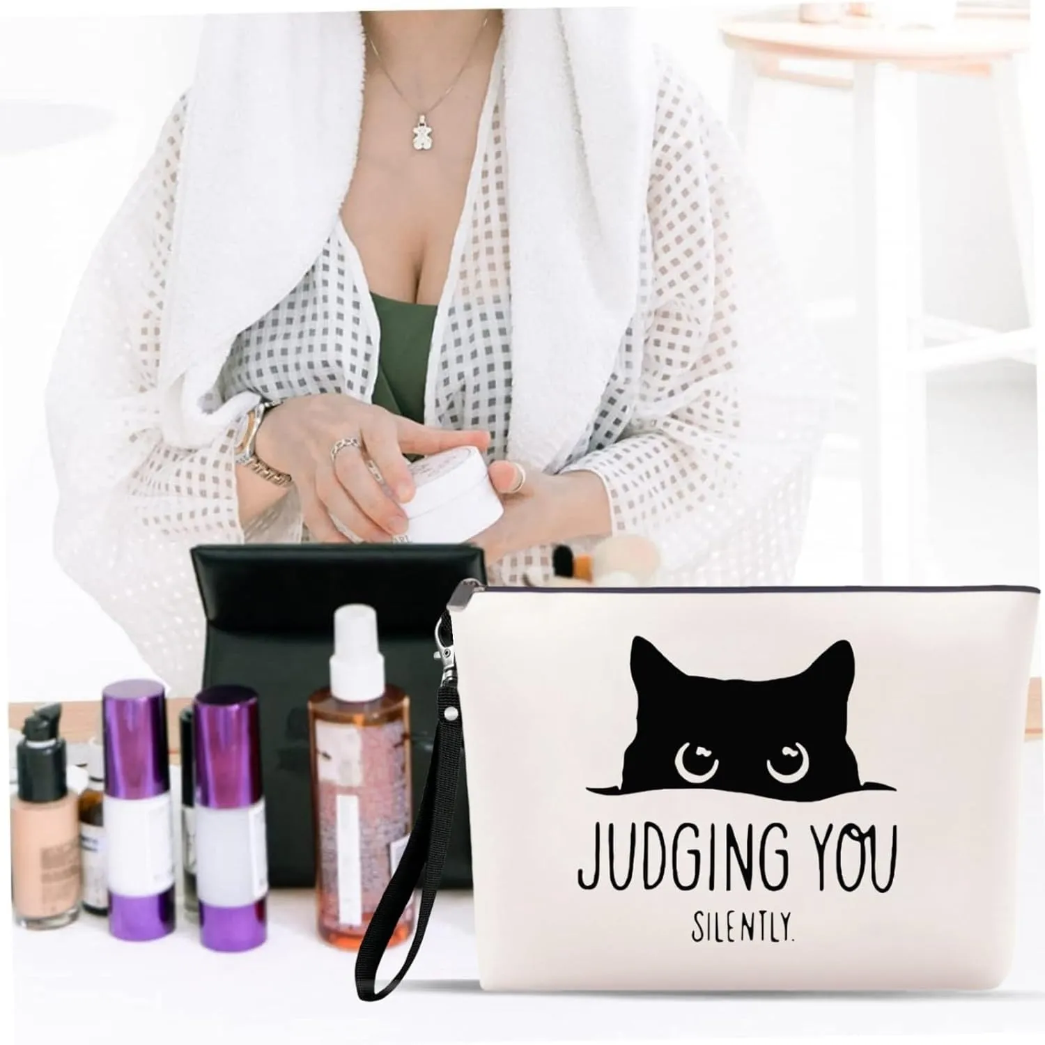 Cat Makeup Bag for Women, Cute Birthday Gift, Travel Cosmetic Bags, Funny Mom Toiletry Organizer Zipper Pouch