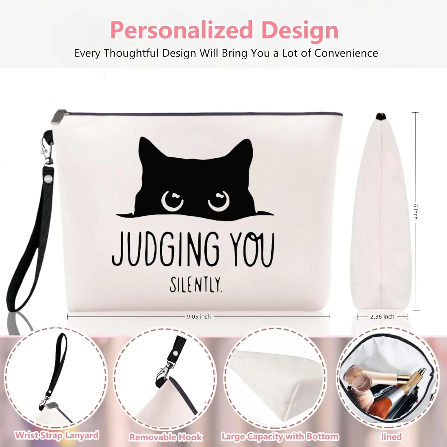 Cat Makeup Bag for Women, Cute Birthday Gift, Travel Cosmetic Bags, Funny Mom Toiletry Organizer Zipper Pouch