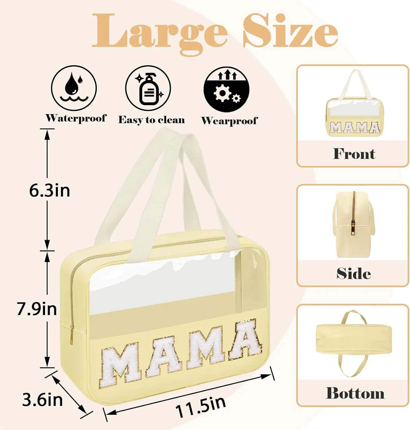 Chenille Letter Patches Clear MAMA Cosmetic Bag, Large PVC & Nylon Preppy Makeup Bag Zipper Makeup Pouch with Handle, Portable Waterproof Travel Toiletry Bag Tote Bag for Women Girls(Beige MAMA)