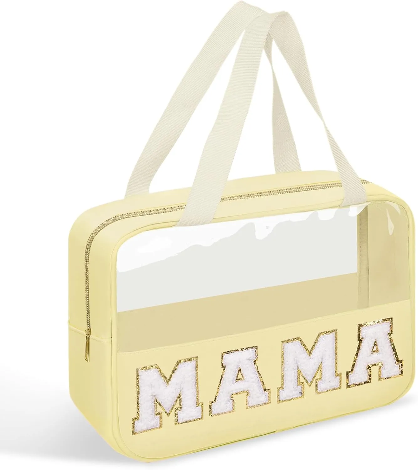 Chenille Letter Patches Clear MAMA Cosmetic Bag, Large PVC & Nylon Preppy Makeup Bag Zipper Makeup Pouch with Handle, Portable Waterproof Travel Toiletry Bag Tote Bag for Women Girls(Beige MAMA)
