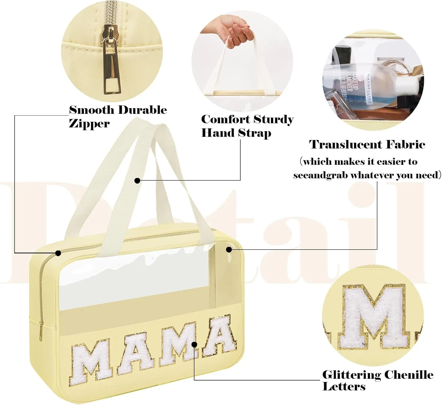 Chenille Letter Patches Clear MAMA Cosmetic Bag, Large PVC & Nylon Preppy Makeup Bag Zipper Makeup Pouch with Handle, Portable Waterproof Travel Toiletry Bag Tote Bag for Women Girls(Beige MAMA)