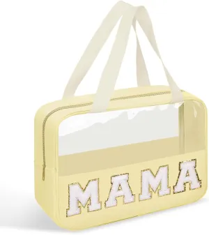 Chenille Letter Patches Clear MAMA Cosmetic Bag, Large PVC & Nylon Preppy Makeup Bag Zipper Makeup Pouch with Handle, Portable Waterproof Travel Toiletry Bag Tote Bag for Women Girls(Beige MAMA)