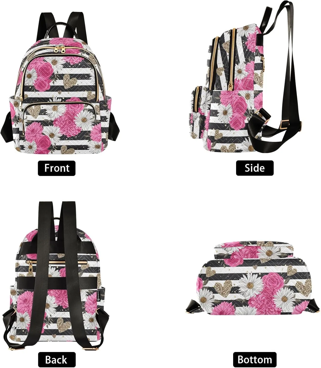 CHIFIGNO Black and White Striped Rose Daisy Backpack Purse for Women Lightweight Travel Backpacks Cute Backpack Anti Theft Ladies Backpack