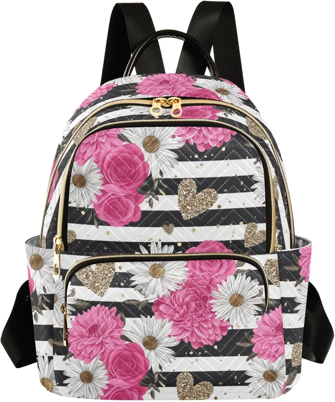 CHIFIGNO Black and White Striped Rose Daisy Backpack Purse for Women Lightweight Travel Backpacks Cute Backpack Anti Theft Ladies Backpack