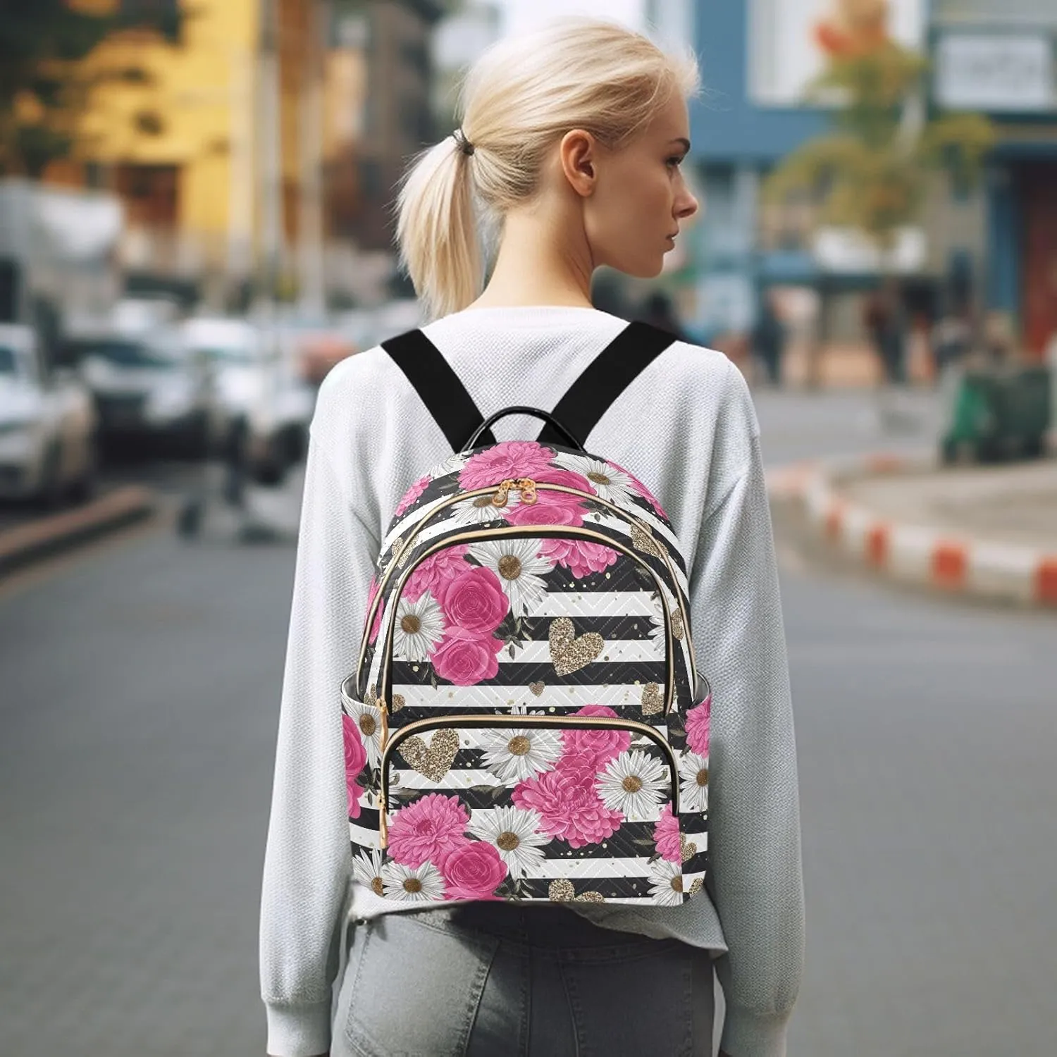 CHIFIGNO Black and White Striped Rose Daisy Backpack Purse for Women Lightweight Travel Backpacks Cute Backpack Anti Theft Ladies Backpack