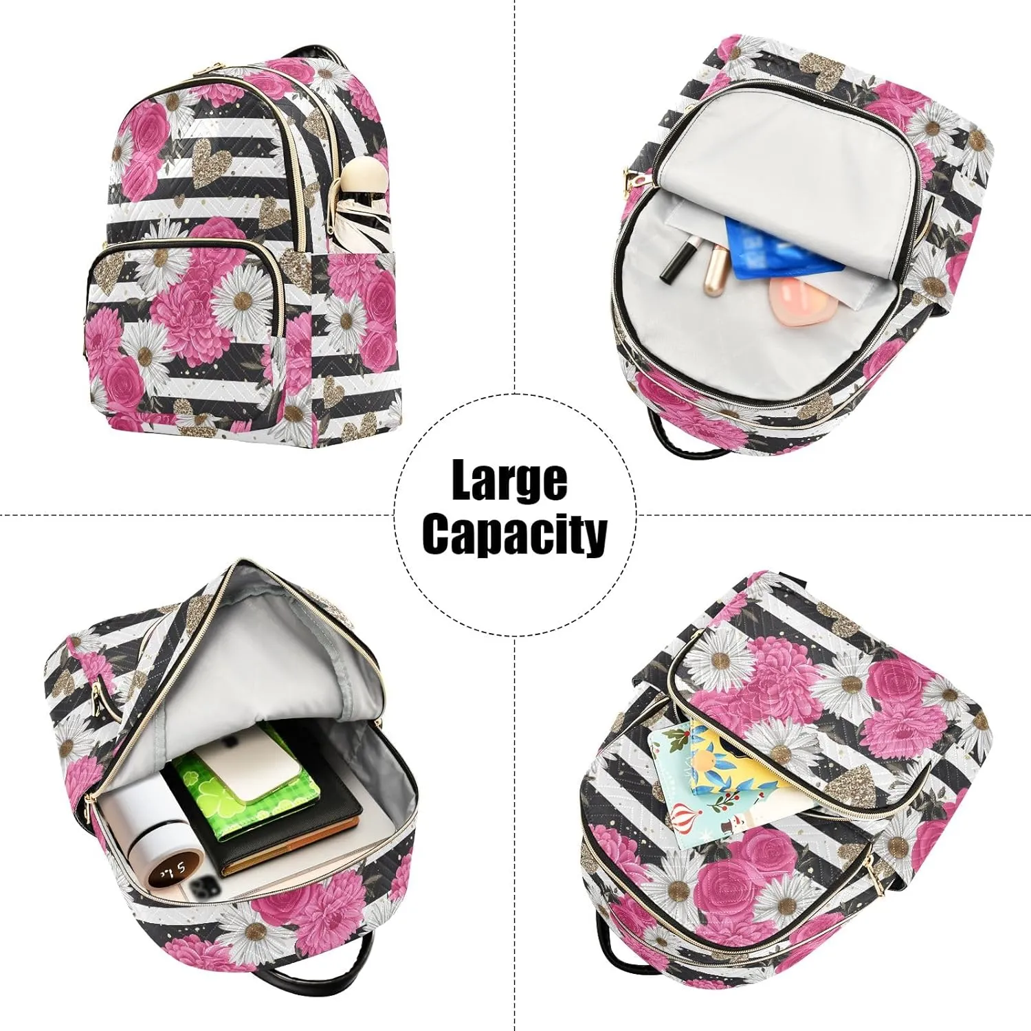 CHIFIGNO Black and White Striped Rose Daisy Backpack Purse for Women Lightweight Travel Backpacks Cute Backpack Anti Theft Ladies Backpack