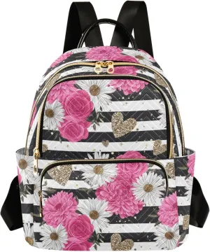 CHIFIGNO Black and White Striped Rose Daisy Backpack Purse for Women Lightweight Travel Backpacks Cute Backpack Anti Theft Ladies Backpack