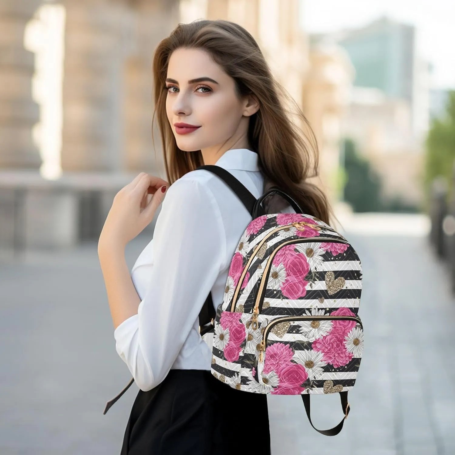 CHIFIGNO Black and White Striped Rose Daisy Backpack Purse for Women Lightweight Travel Backpacks Cute Backpack Anti Theft Ladies Backpack
